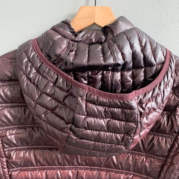 CALVIN KLEIN Hooded Packable Premium Down Puffer Coat Eggplant Wine XS - Picture 7 of 15
